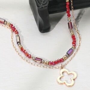 Metal Open Quatrefoil Pendant Faceted Beaded Layered Necklace